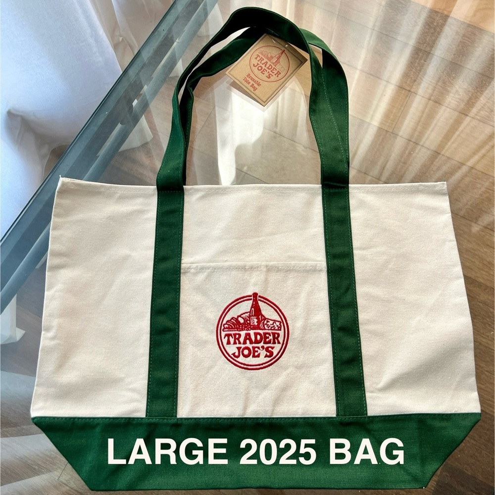 Trader Joe's LARGE Green and White Canvas Tote Bag